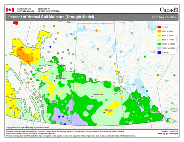 Percent of normal soil moisture May 2023 versus May 2024 – Western Canada